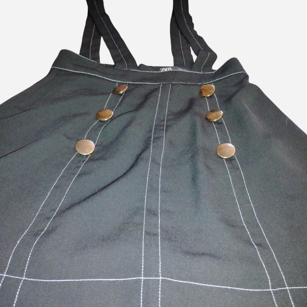 ZARA Black Contrast Stitch Pinafore Mini Skirt Gold Buttons XS - Picture 4 of 6